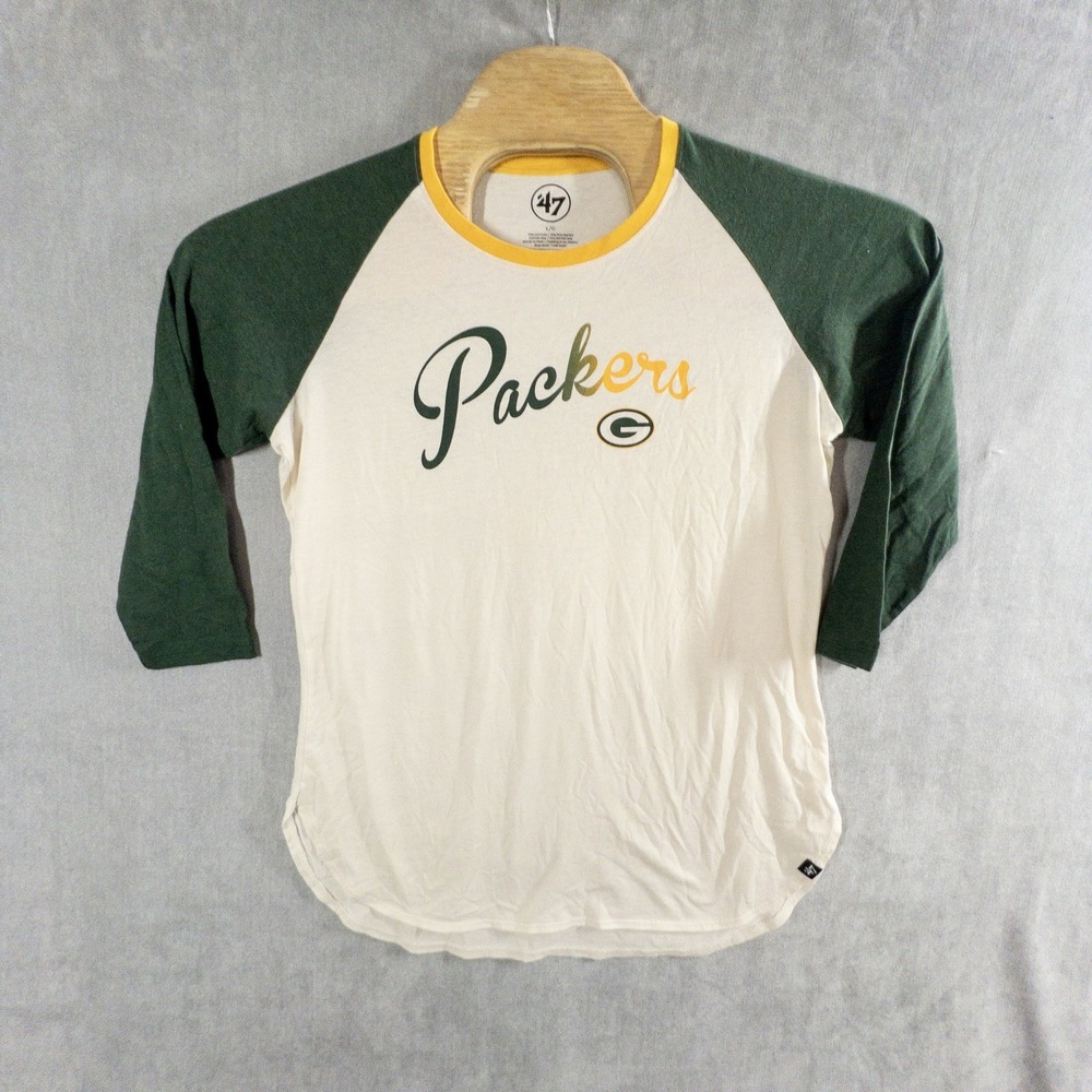 Green Bay Packers 47 Brand Womens Large 3/4 Sleeve Retro Text T-Shirt